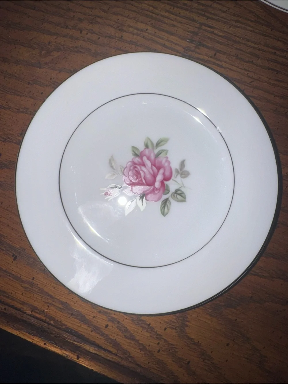Classic White Dessert Plate with Pink Rose Motif